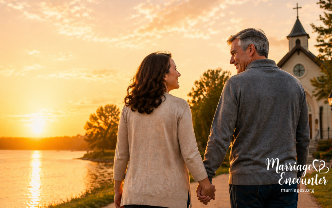 Middle-aged married couple walking hand in hand at sunset near a church during Marriage Encounter retreat reflection.