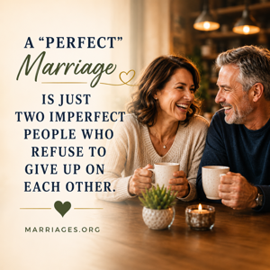 Marriage Encounter Weekend quote graphic featuring the message “A perfect marriage is just two imperfect people who refuse to give up on each other” with August 1-2 event information and registration details